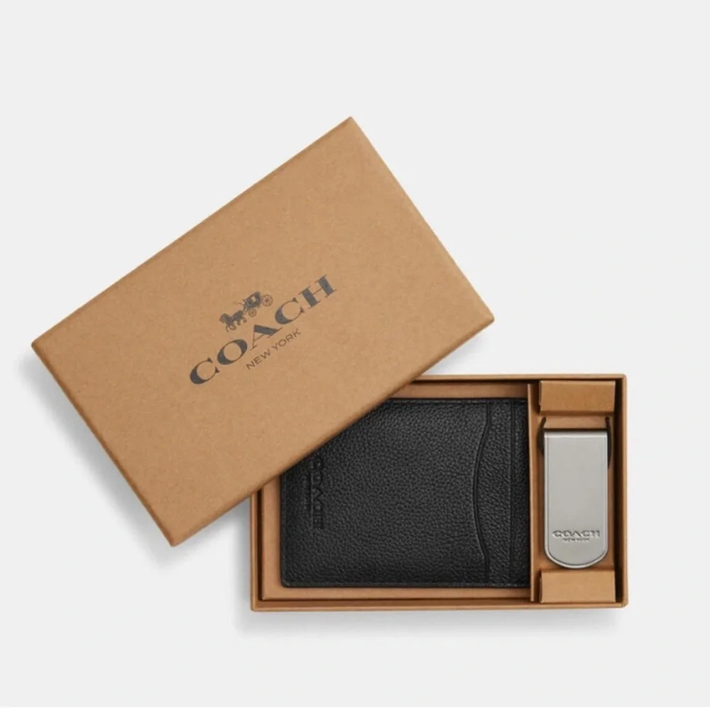 NWT Coach 3-in-1 Black Leather Wallet & Money Clip Set